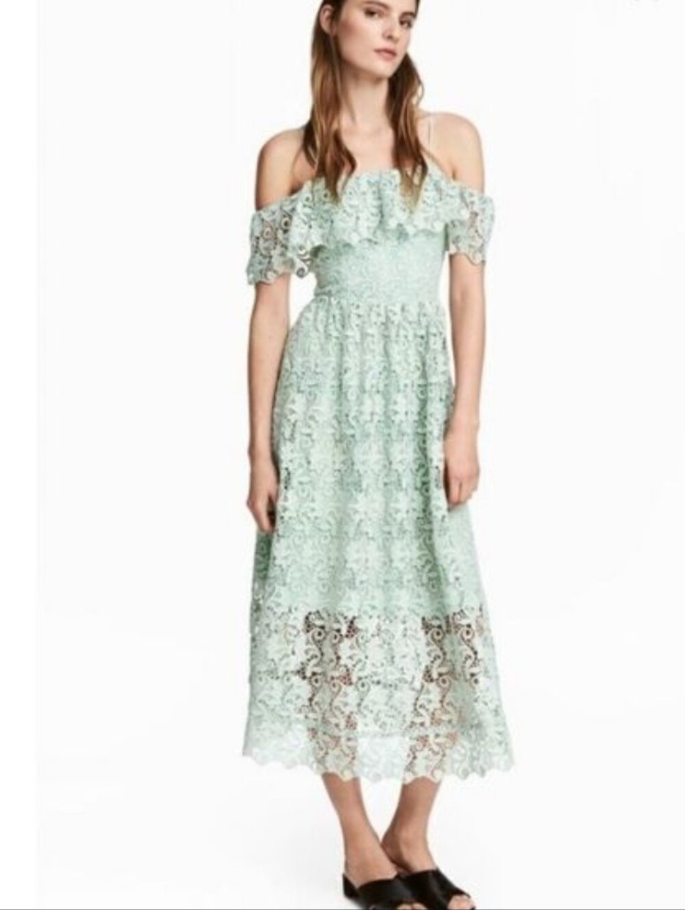 NWT H&M Off Shoulder Ruffled Lace Midi Dress Turquoise Coastal Feminine 10